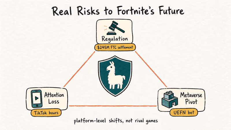 Triangular risk diagram showing regulation attention loss and metaverse pivot threats around a Fortnite shield