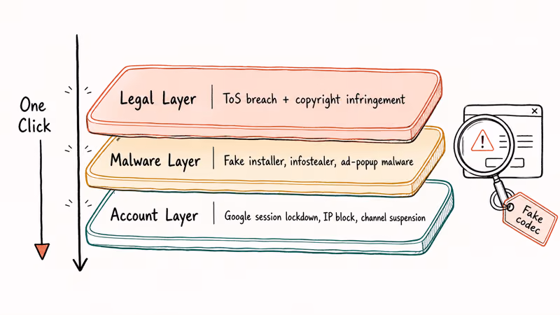 Hand-drawn three-layer stack illustrating legal, malware, and account risks of third-party YouTube downloaders.