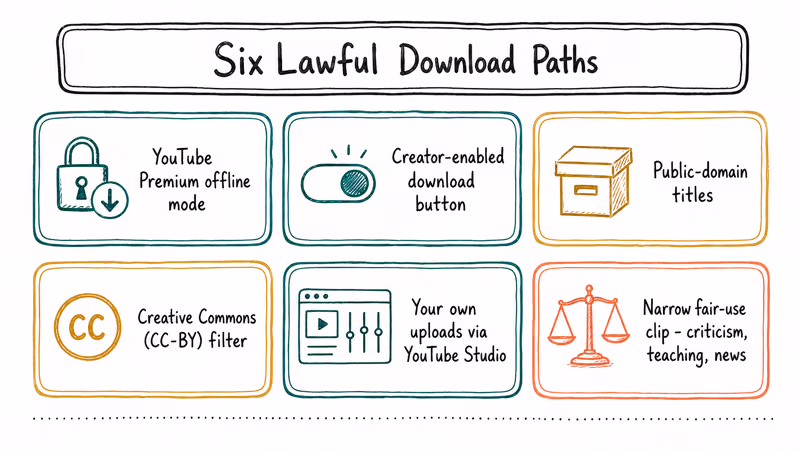 Hand-drawn grid of six lawful YouTube download paths from Premium offline mode to fair-use clips.