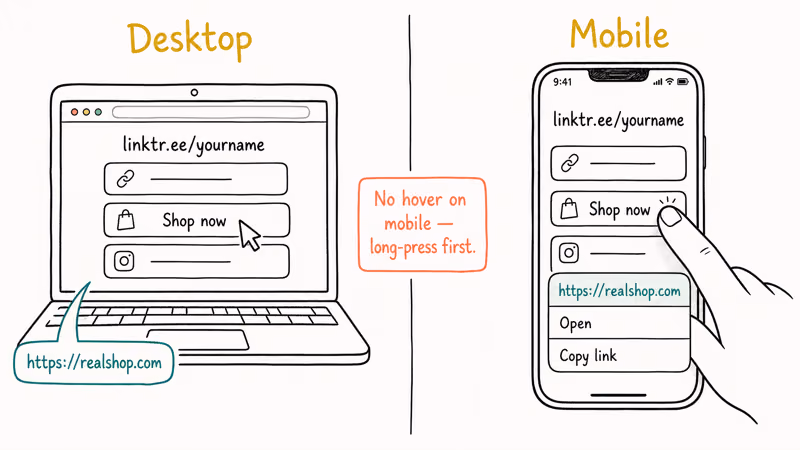 Split illustration comparing desktop hover preview and mobile long-press context menu for Linktree link destinations.
