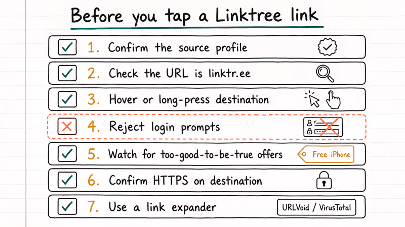 Hand-drawn seven-step checklist for vetting Linktree destination links with profile, URL, and HTTPS checks.