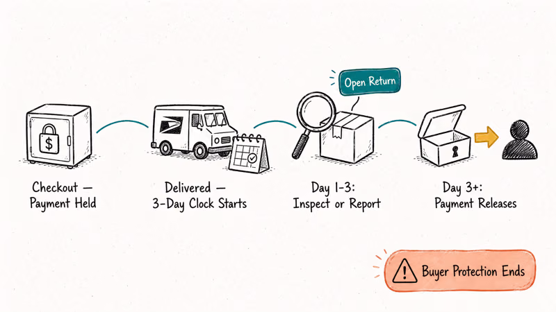 Hand drawn timeline of Mercari three day buyer protection window from checkout to refund deadline