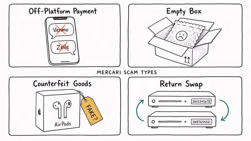 Grid shows off platform payment, empty box, counterfeit, and return swap scams