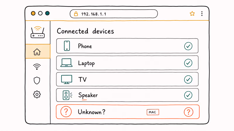 Router admin panel connected devices list with unknown device flagged among known household gadgets