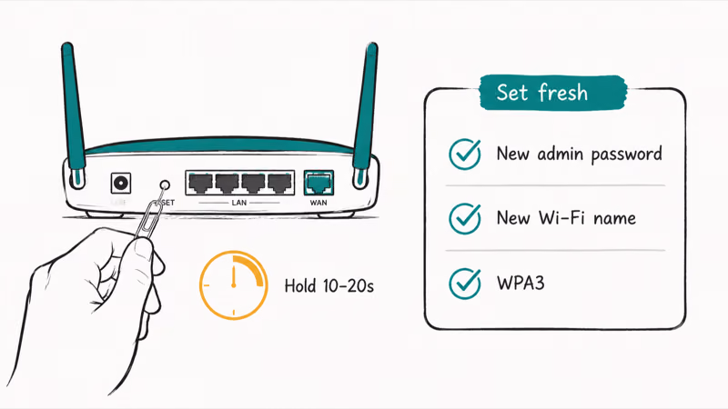 Hand pressing a paperclip into a router reset button to factory reset and clear settings