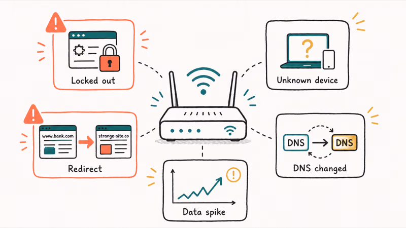 Illustration showing common warning signs of a hacked home router including unknown devices