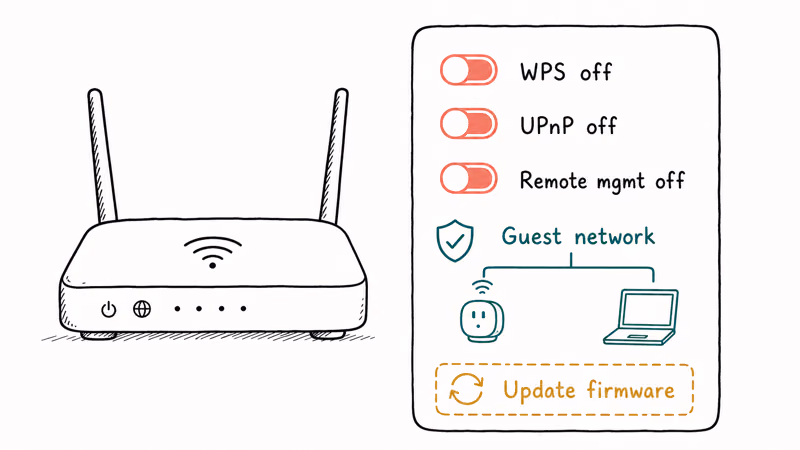 Home router security checklist disabling WPS UPnP remote management and adding a guest network