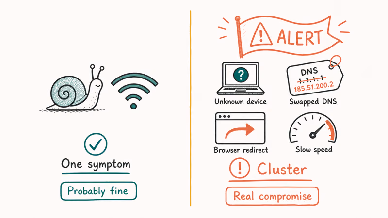One harmless symptom versus a cluster of warning signs pointing to a real router compromise