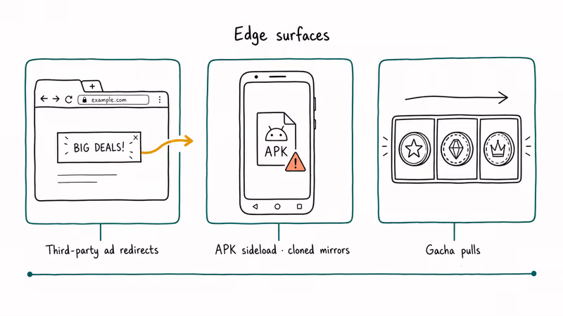 Nutaku edge risks show ad redirects, APK sideloading, and gacha pulls.