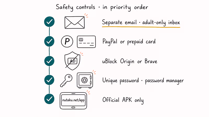 Safety checklist covers email, prepaid payment, ad blocker, passwords, official APK.