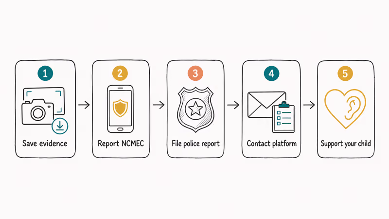 Five-step flowchart guiding parents through evidence preservation reporting and child support after online abuse