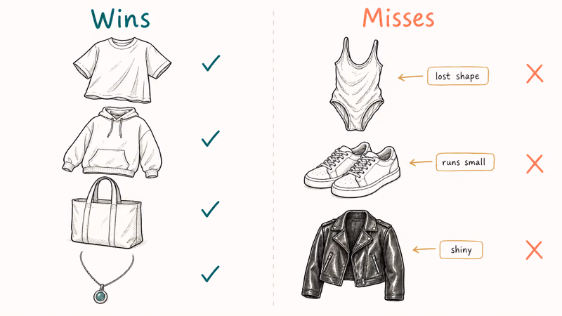 Two columns compare Shein basic wins against swimwear and shoe misses.