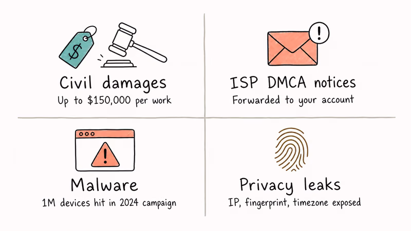 Four-quadrant grid showing civil damages, ISP notices, malware exposure, and privacy leak risks.