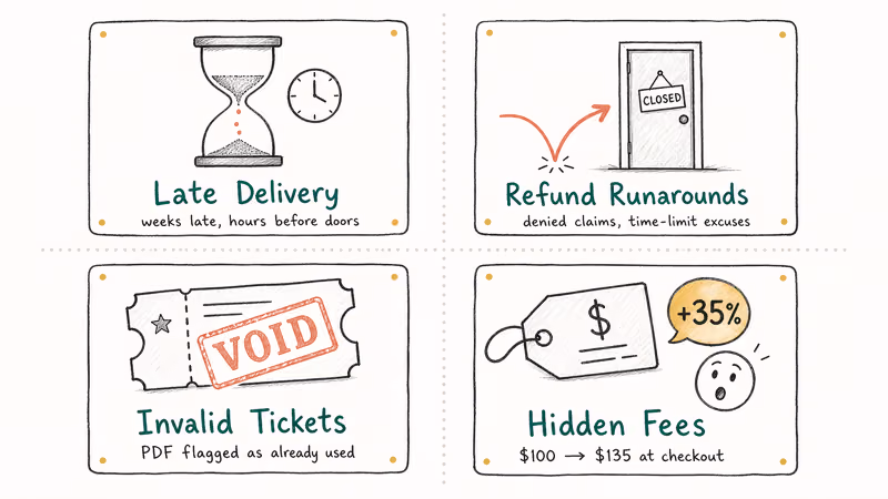 Four hand drawn cards showing late delivery refund runarounds invalid tickets and hidden fees risks