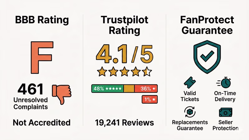StubHub trust ratings comparison across BBB, Trustpilot, and FanProtect guarantee