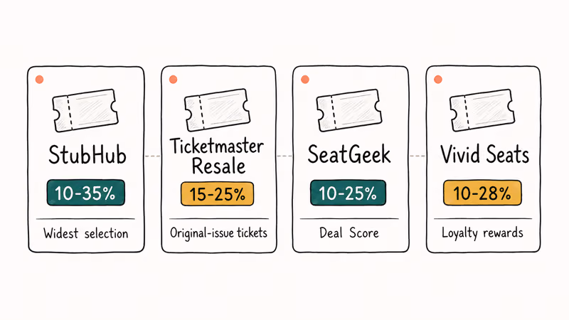 Four hand drawn cards comparing StubHub Ticketmaster Resale SeatGeek and Vivid Seats fee ranges