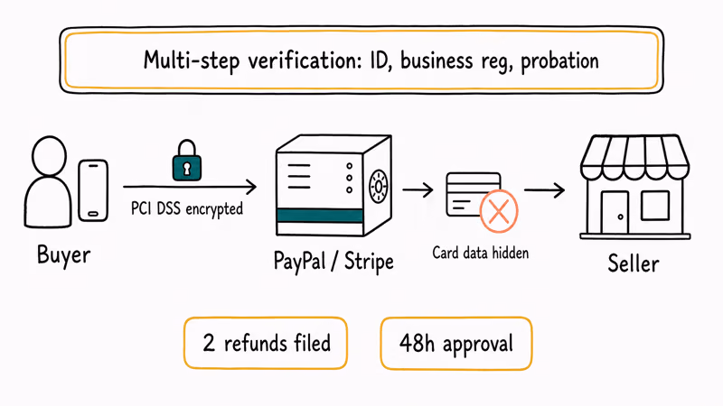 Buyer payment through encrypted gateway with seller blocked from card details.