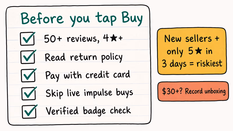 Hand-drawn checklist showing five TikTok Shop safety habits with reviews payment policy and verification reminders.