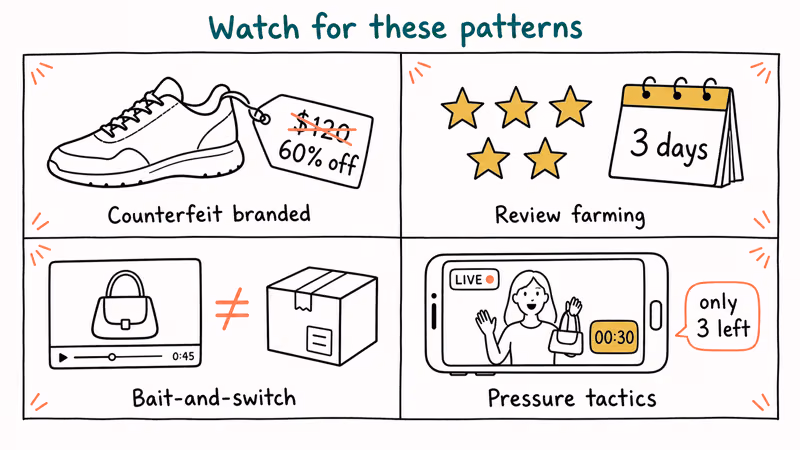 Hand-drawn grid of four TikTok Shop scams: counterfeit goods, review farming, bait-and-switch, live-stream pressure tactics.