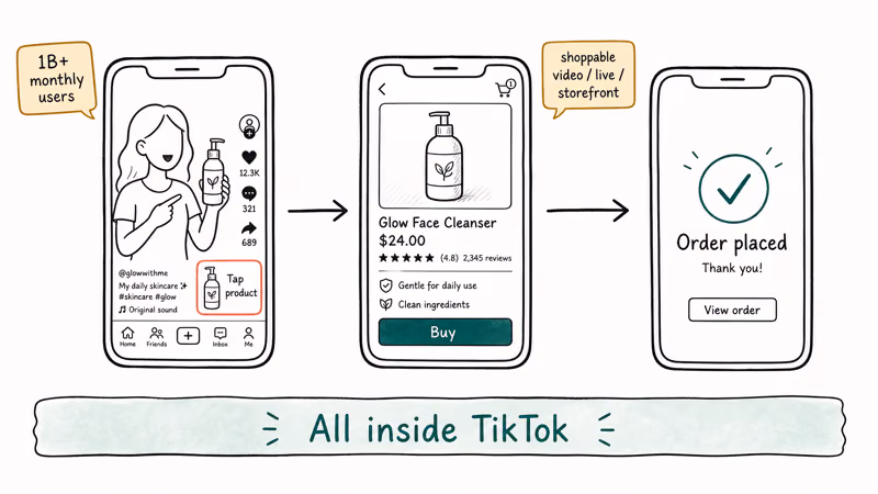 Hand-drawn three-step phone flow showing tap product, view listing, and order confirmation inside TikTok app.
