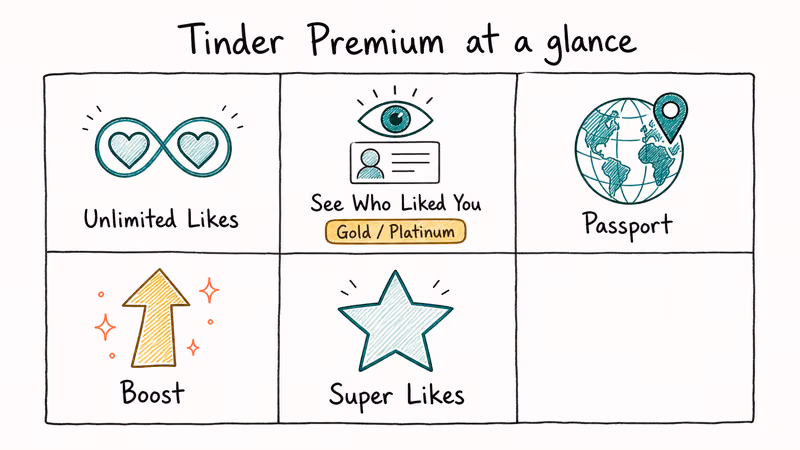 Hand drawn grid showing five Tinder premium features at a glance.