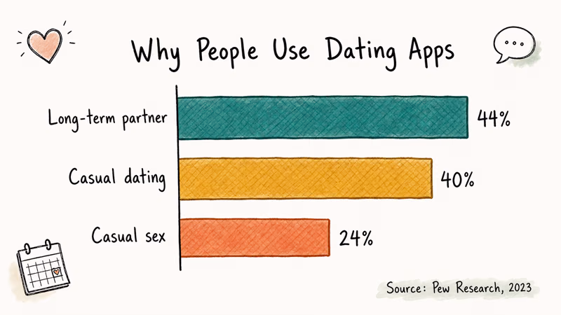Hand drawn chart comparing long-term dating, casual dating, and hookup motivations.