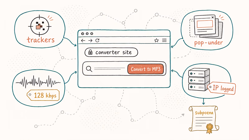 Converter website surrounded by tracker, popup, low bitrate, and IP logging warning callouts.