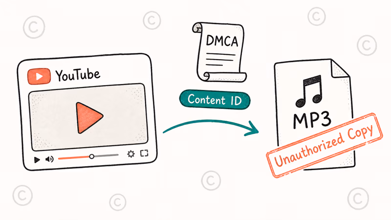 Diagram showing a YouTube video being converted into an unauthorized MP3 file under copyright law.