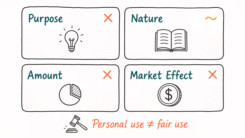Four-factor fair use test grid with three factors failing for personal MP3 downloads.