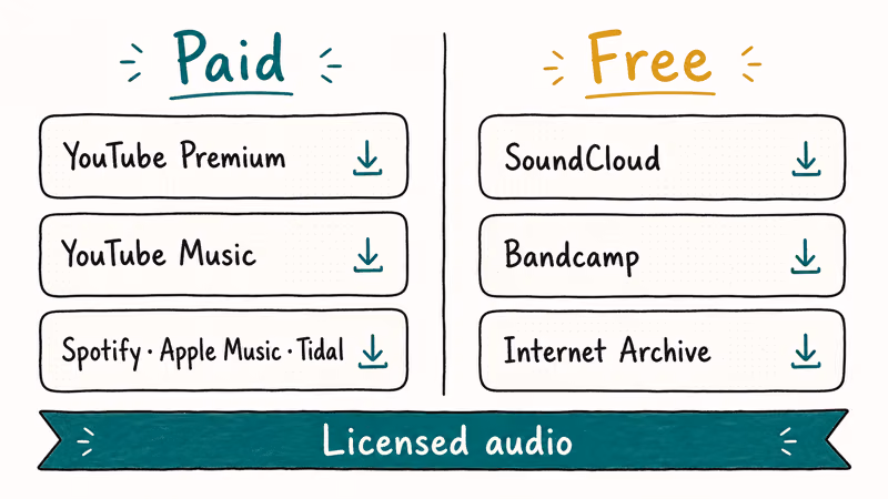 Comparison of paid and free legal audio sources offering offline listening without copyright risk.