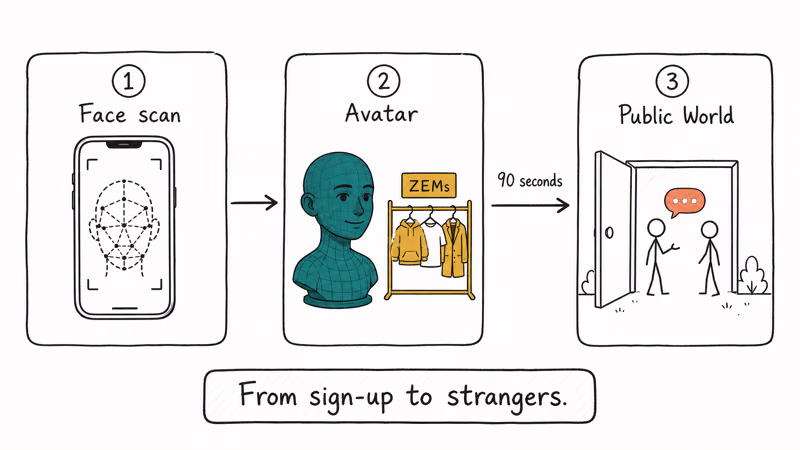 Hand-drawn three-step flow showing Zepeto face scan creating an avatar entering a public virtual room