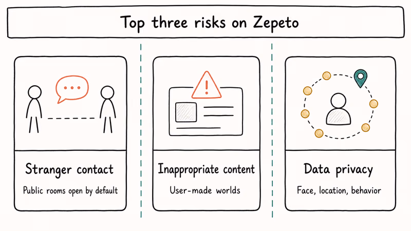 Hand-drawn diagram of three Zepeto safety risks stranger contact inappropriate content and data privacy