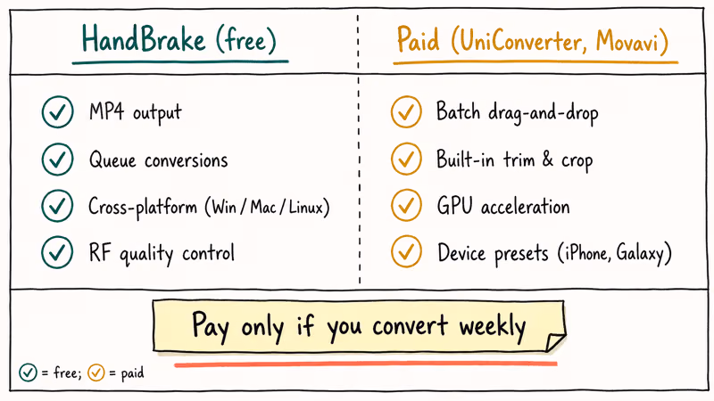 Two-column comparison of free HandBrake features against paid converter features like batch and GPU