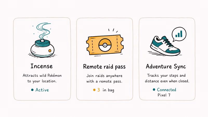 Three legitimate Pokemon Go alternatives shown including incense remote raid pass and Adventure Sync stride counter