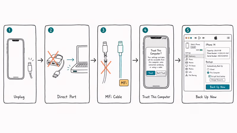USB troubleshooting flowchart from unplug through MFi cable swap to active iTunes backup button