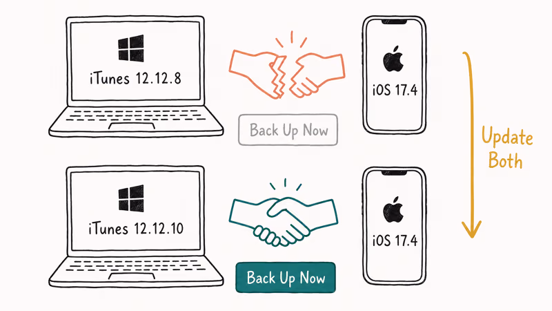 iTunes and iOS version mismatch versus matched handshake with Back Up Now button enabled