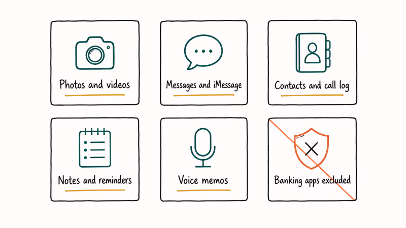 Six category tiles showing Photos Messages Contacts Notes Voice memos and excluded banking apps