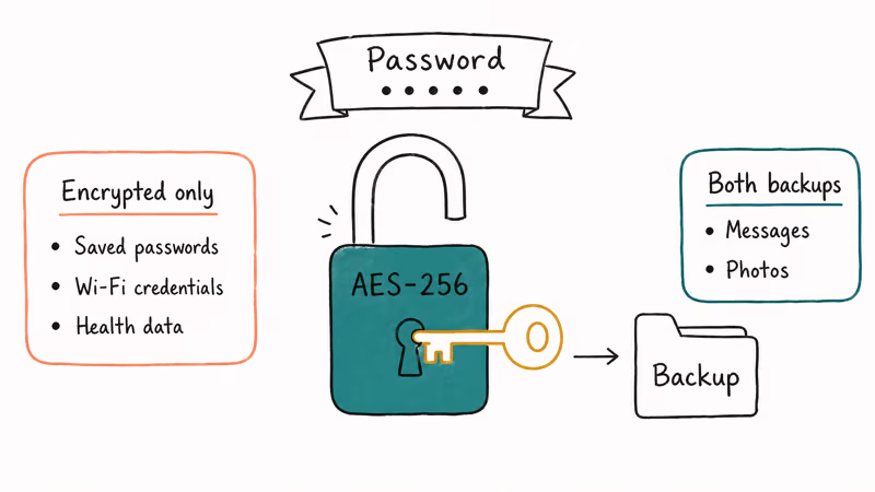 Hand drawn padlock with key labeled AES-256 unlocking an encrypted iTunes backup folder