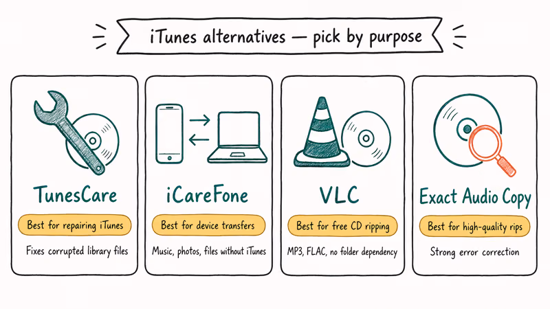 Grid compares TunesCare, iCareFone, VLC, and Exact Audio Copy use cases.