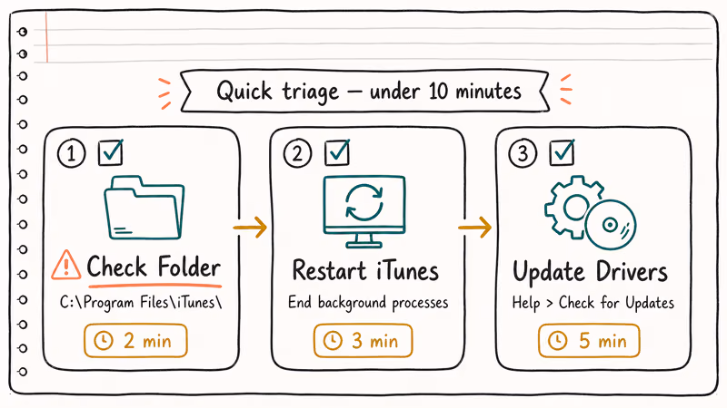 Three step quick fix checklist for the iTunes CD Configuration folder error with time estimates.