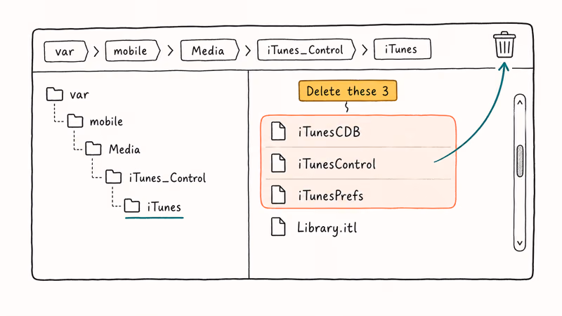 Hand-drawn file browser with three iTunes database files marked for deletion.