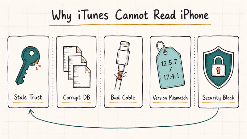 Five hand-drawn cards showing common causes of the iTunes can't read iPhone error.