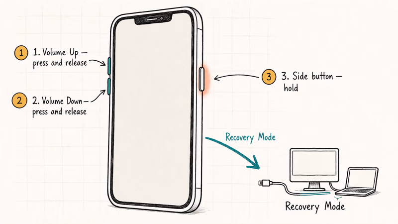 Hand-drawn iPhone showing volume up volume down and side button Recovery Mode sequence.