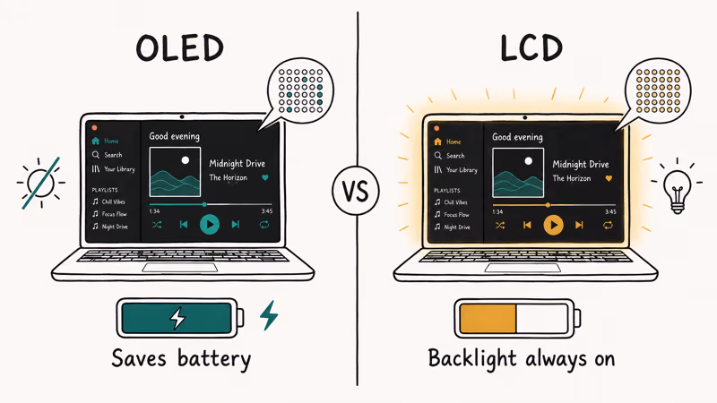 Side by side OLED versus LCD laptop comparison showing battery savings and backlight glow differences