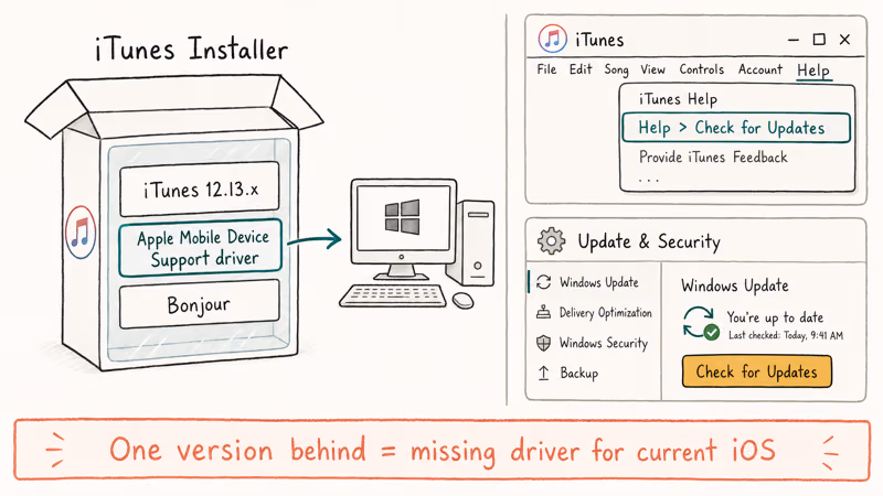Infographic showing Apple Mobile Device Support driver bundled inside the iTunes update installer