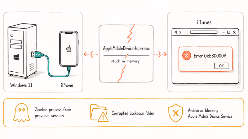 Diagram showing AppleMobileDeviceHelper crash path that triggers iTunes error 0xE80000A on Windows
