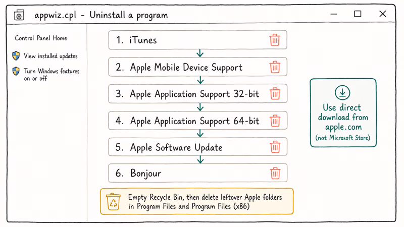 Flowchart showing the six Apple components and the required uninstall order on Windows
