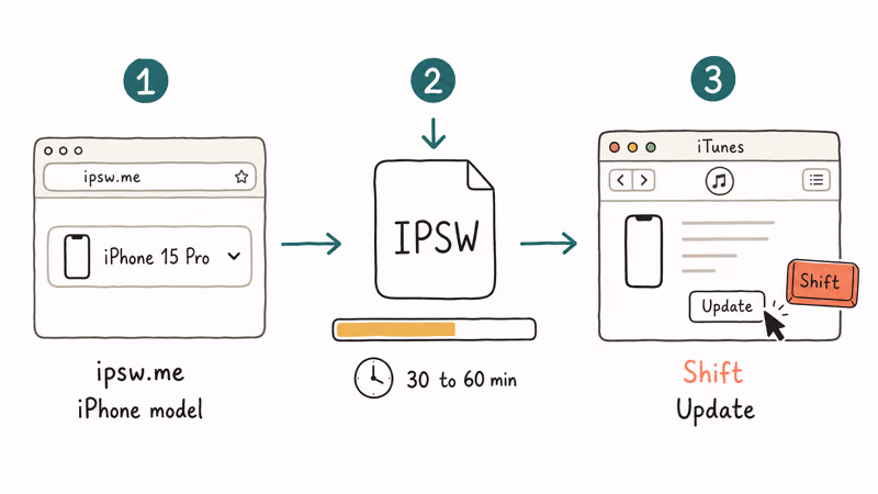 Three step workflow showing browser ipsw.me download and shift click update in iTunes
