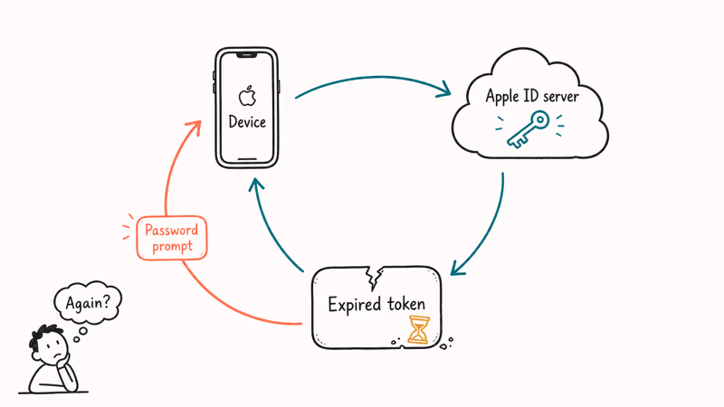Diagram showing expired Apple ID token causing repeated iTunes password prompts
