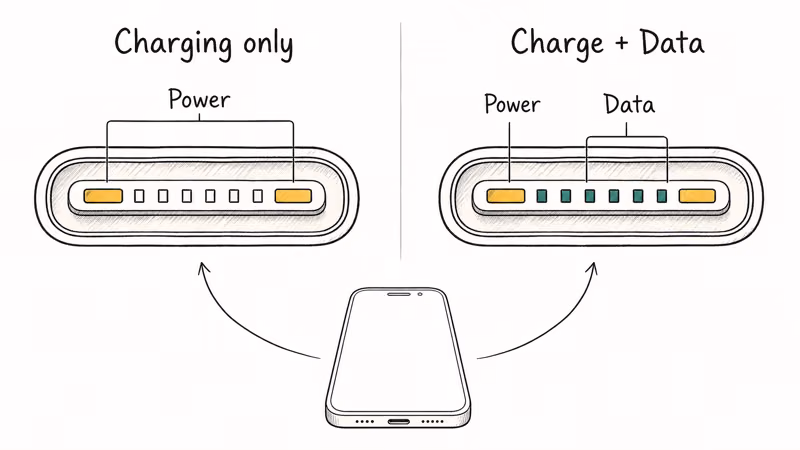 USB-C connector cross-sections showing charging pins versus data pins on a damaged cable